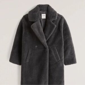 Abercrombie and Fitch Oversized Long-Length Sherpa Teddy Coat, dark grey